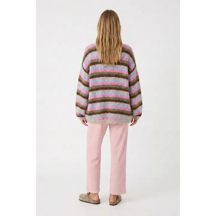 Multi Stripe Open Cardigan - STONE/PINK/OLIVE