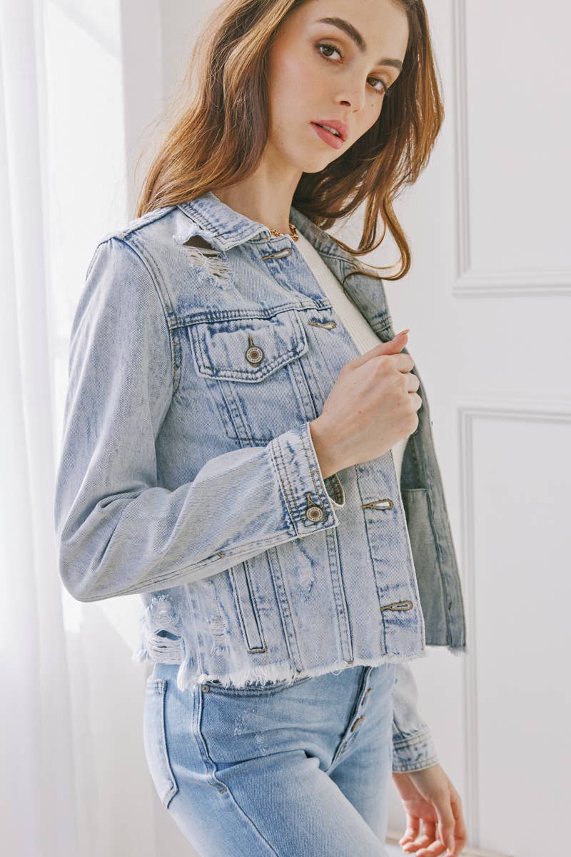 DISTRESSED LIGHT DENIM JACKET - KANCAN