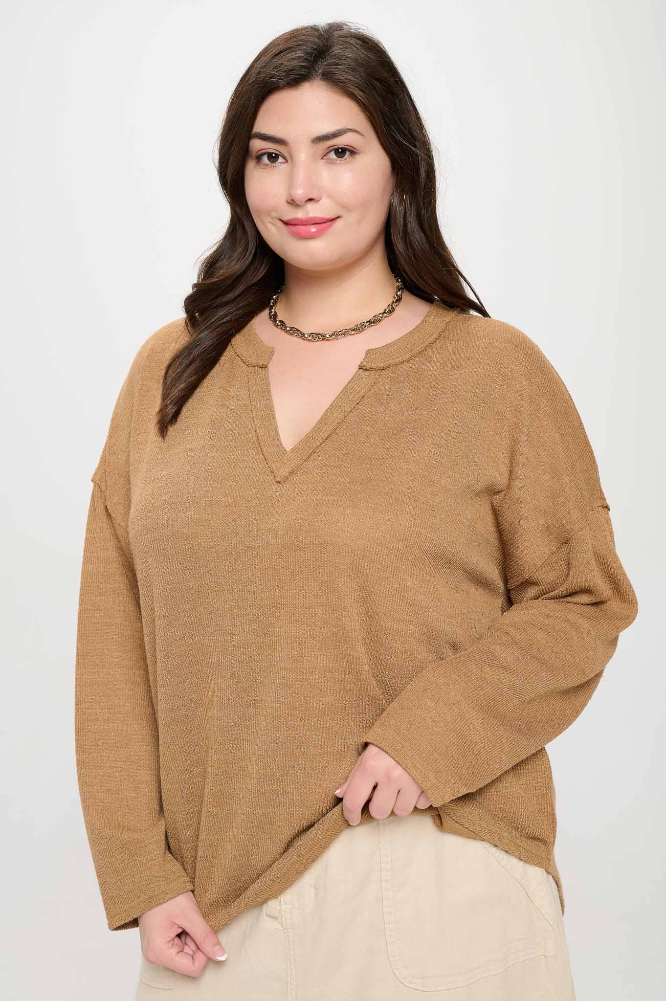 *PLUS SOLID NOTCH NECK KNIT TOP - ALMOND
