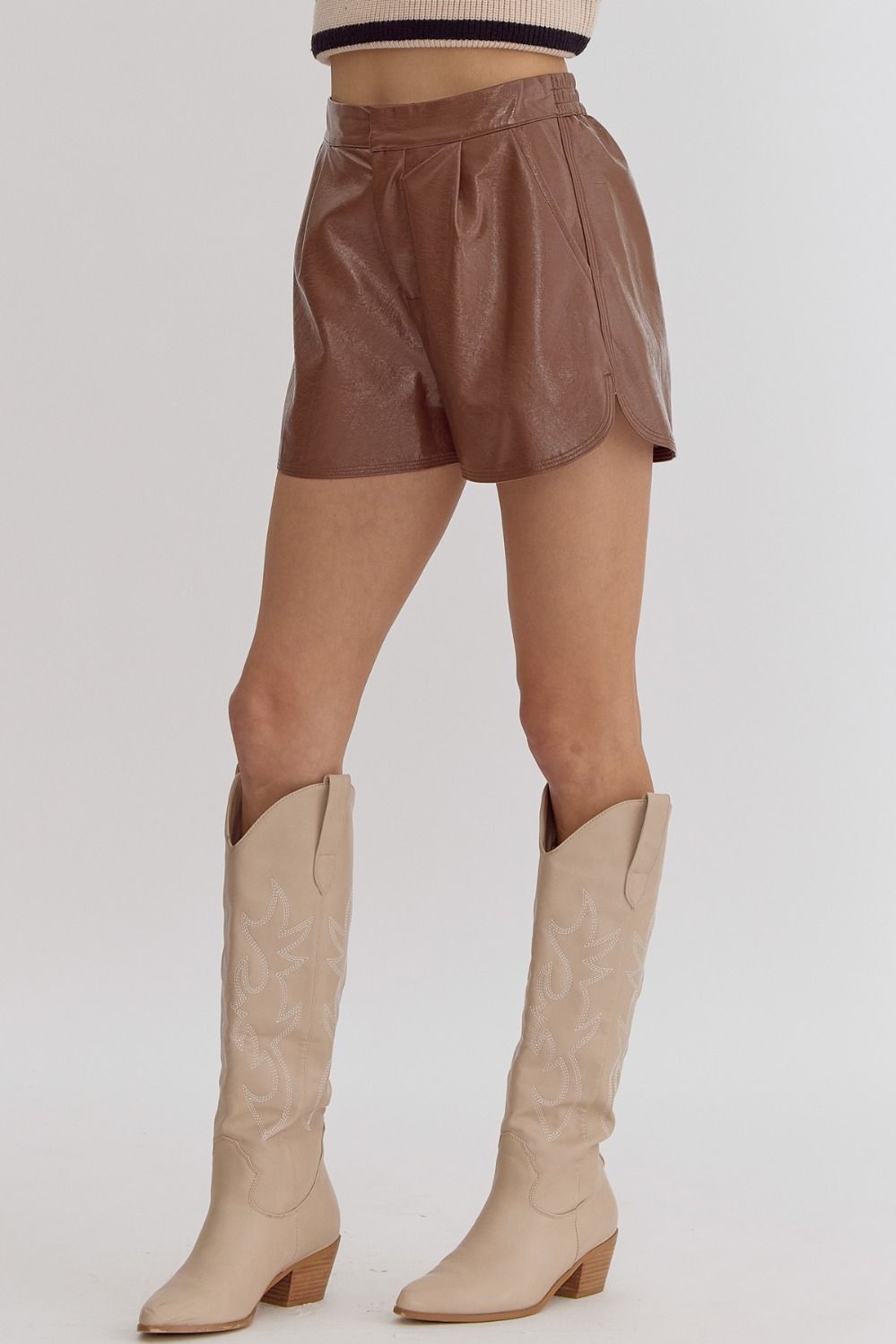 Brown Metallic Texture High-Waisted Shorts