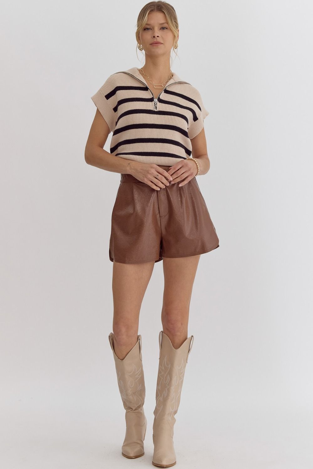 Brown Metallic Texture High-Waisted Shorts