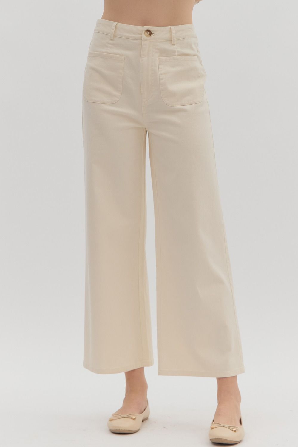 Ecru Solid High Waisted Wide Leg Ankle Length Pants