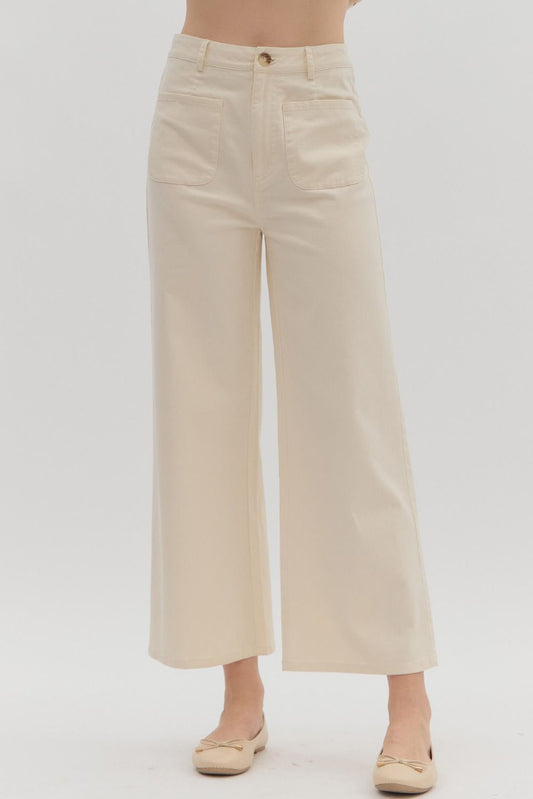 Ecru Solid High Waisted Wide Leg Ankle Length Pants