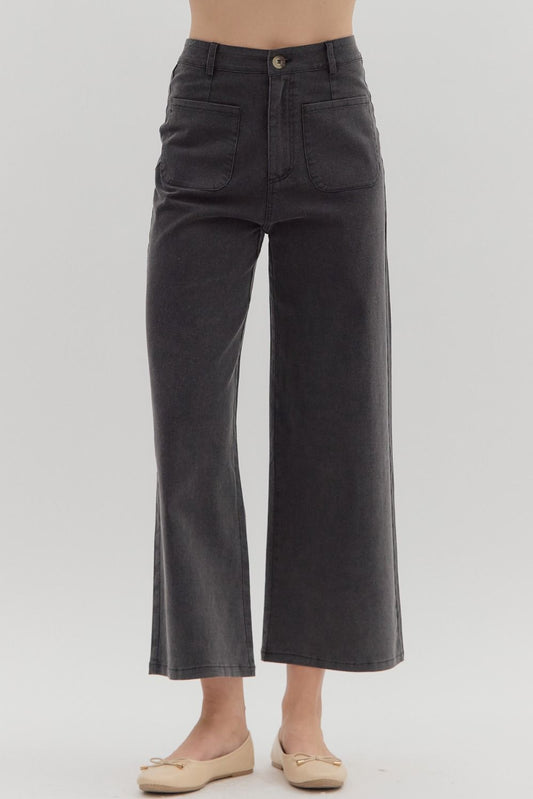 Black Solid High Waisted Wide Leg Ankle Length Pants