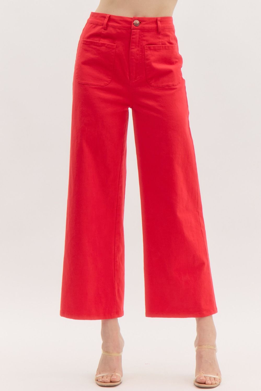 Red Solid High Waisted Wide Leg Ankle Length Pants
