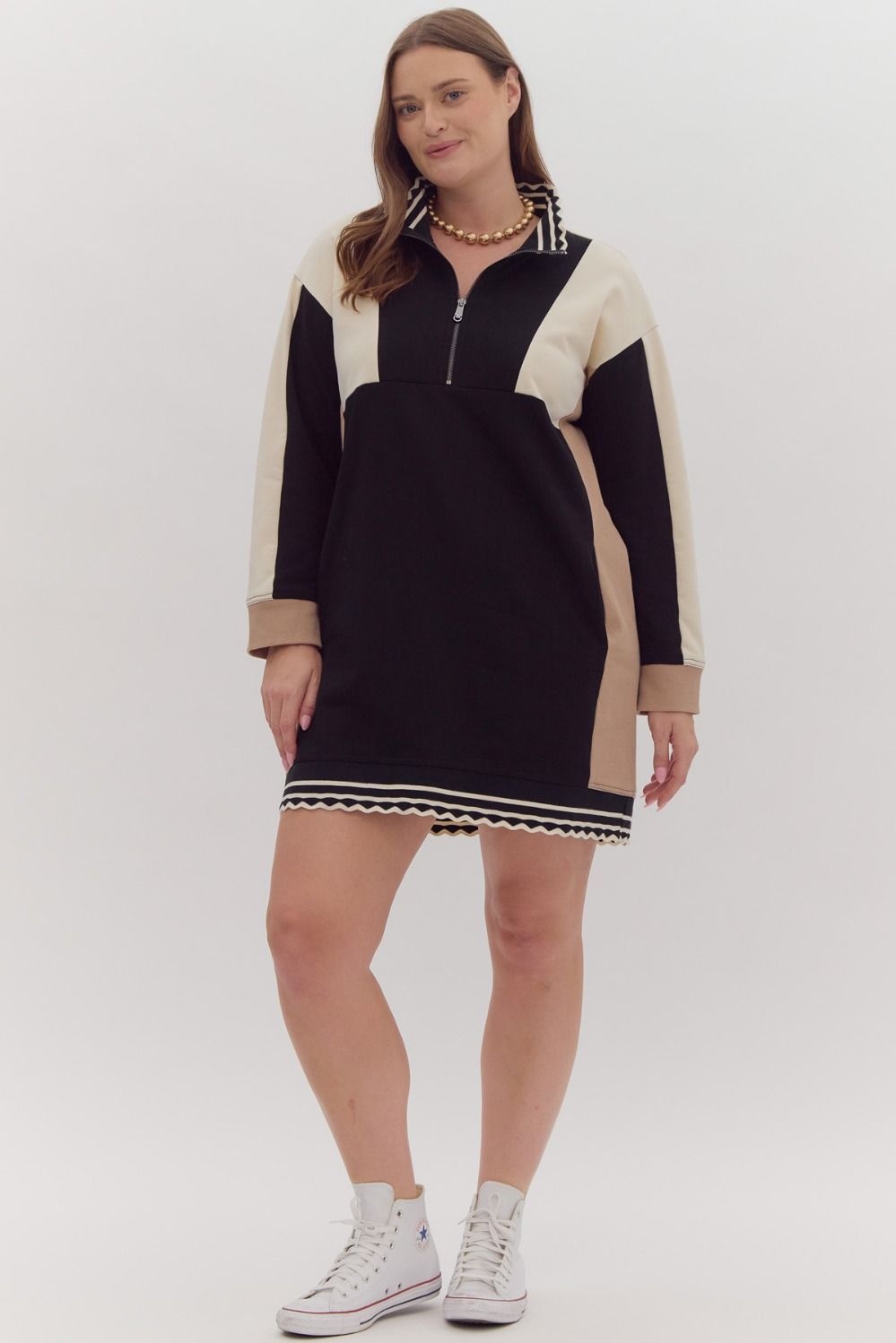 Plus Size Colorblock long sleeve collared mini dress