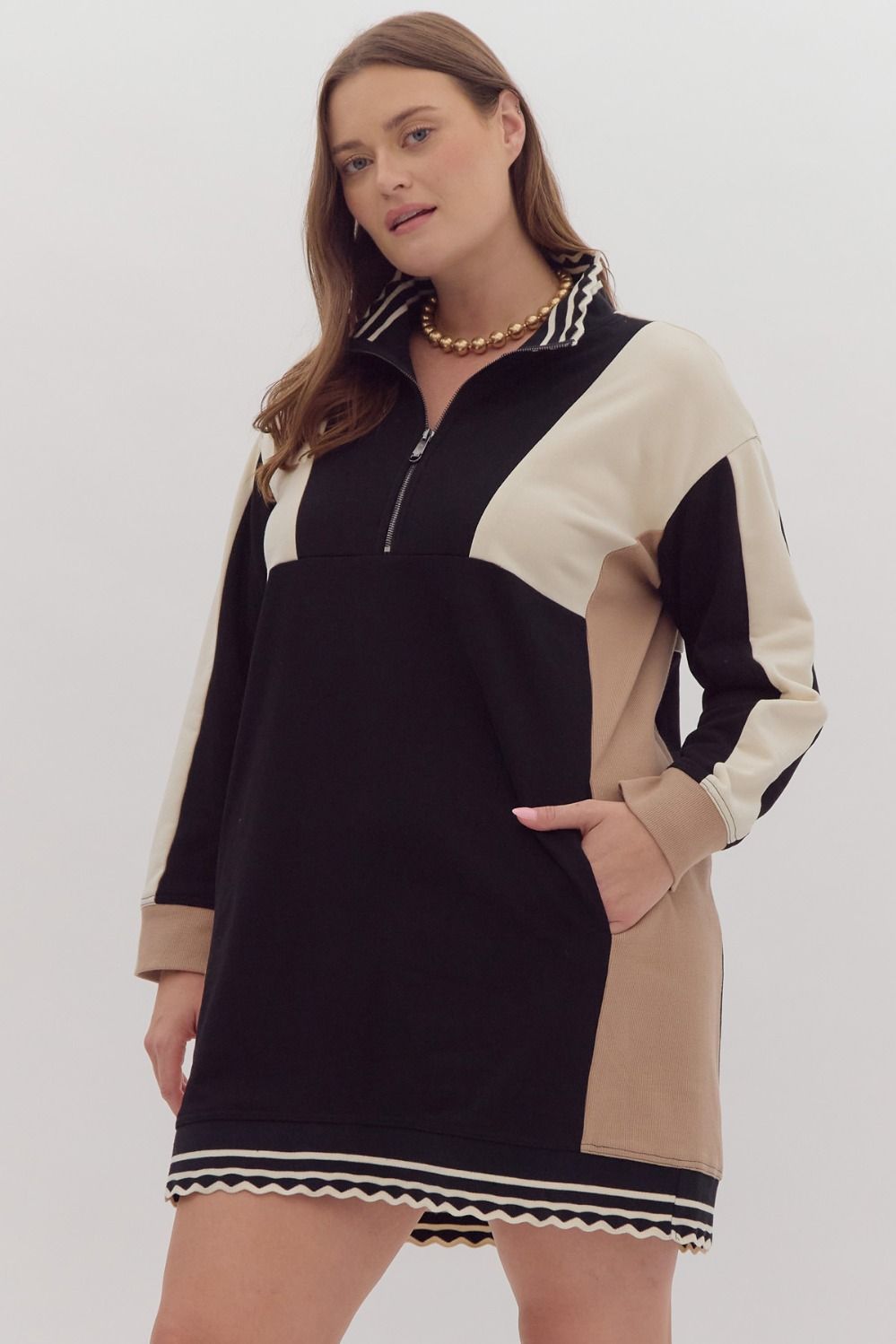 Plus Size Colorblock long sleeve collared mini dress