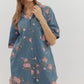 Floral print elbow-length sleeve denim shirt dress