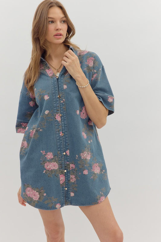 Floral print elbow-length sleeve denim shirt dress