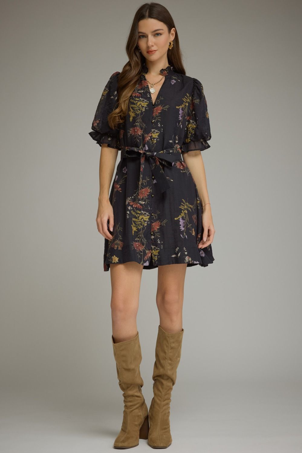 Floral short puff sleeve mini Dress - Black