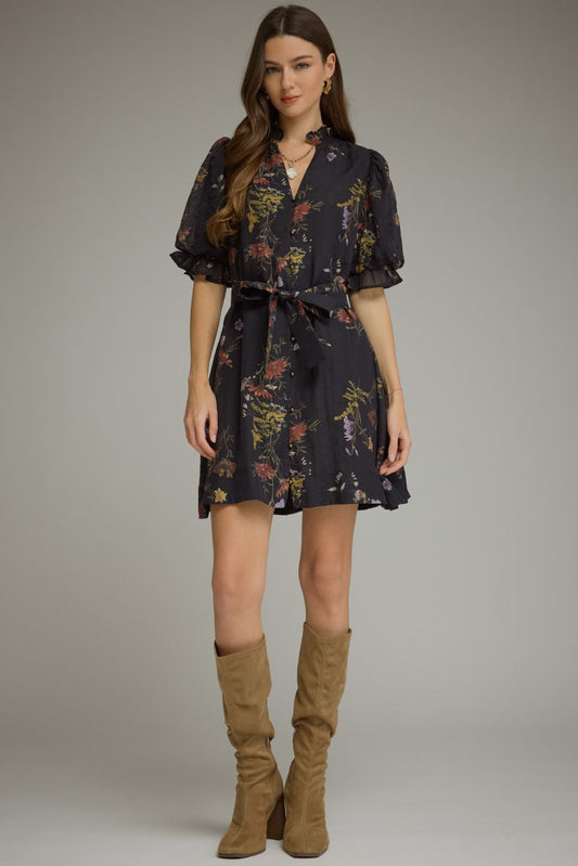 Floral short puff sleeve mini Dress - Black