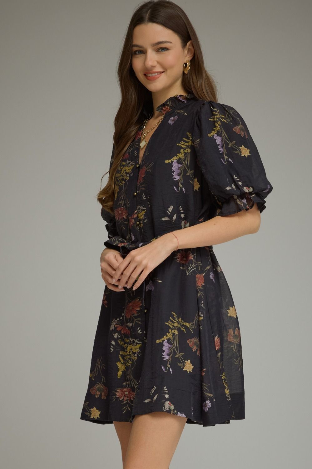 Floral short puff sleeve mini Dress - Black