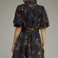 Floral short puff sleeve mini Dress - Black