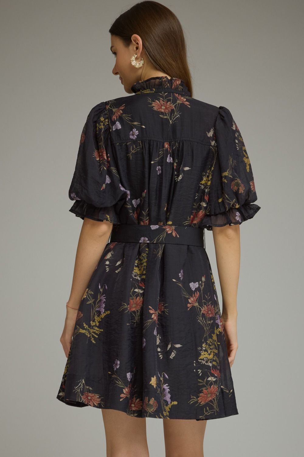 Floral short puff sleeve mini Dress - Black