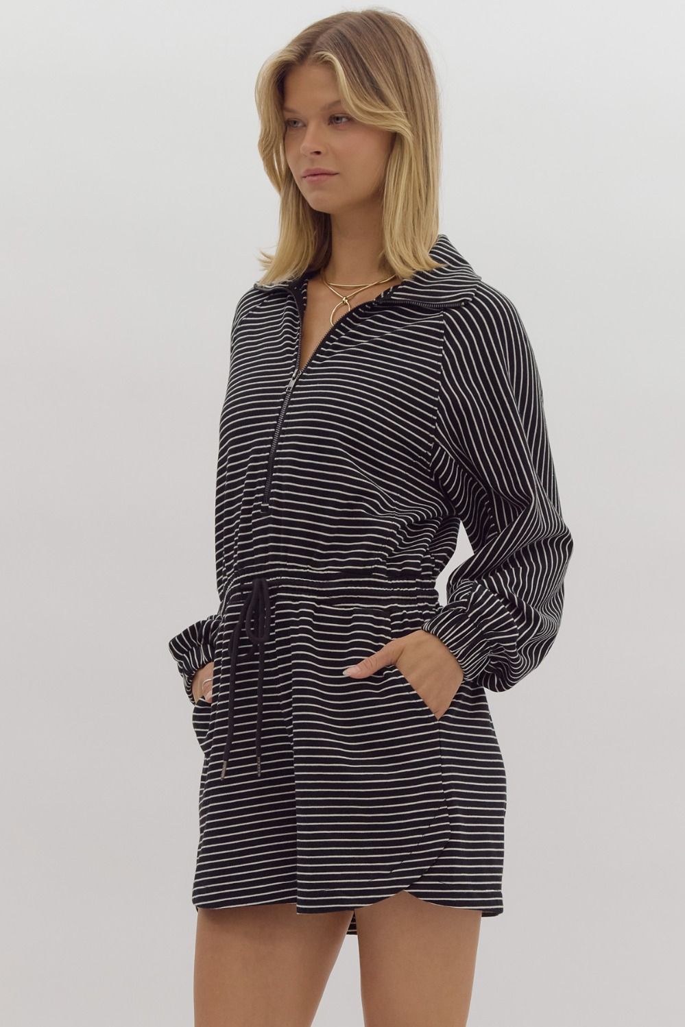 Stripe long sleeve half zip romper