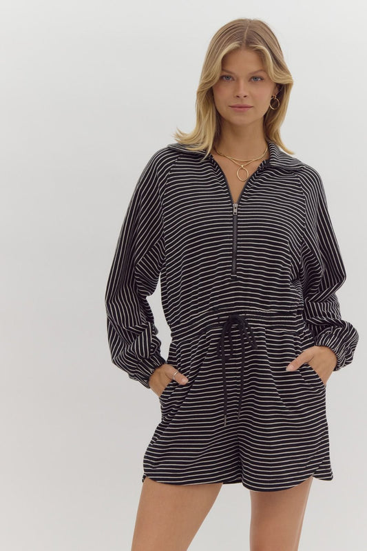 Stripe long sleeve half zip romper