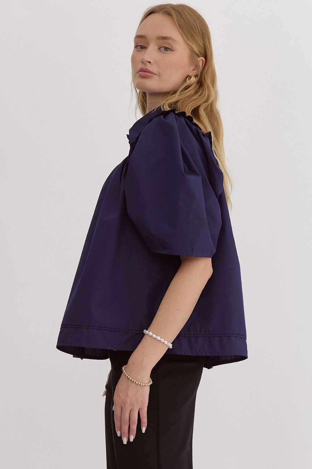 Navy Puff Sleeve Button Down Top