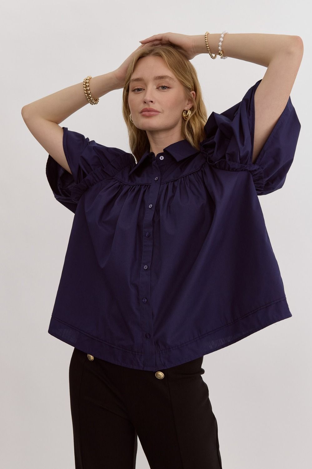 Navy Puff Sleeve Button Down Top