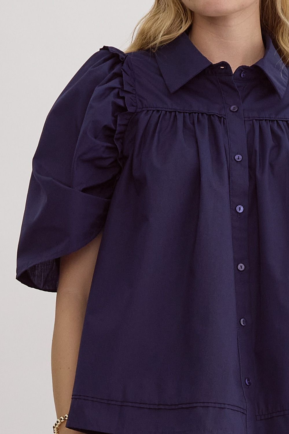 Navy Puff Sleeve Button Down Top