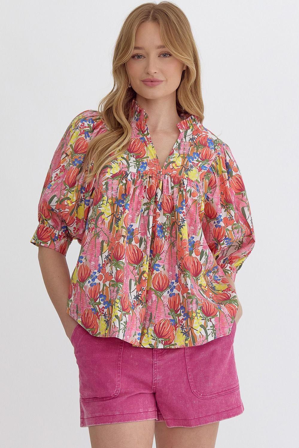 FLORAL PRINT V-NECK PUFF SLEEVE TOP