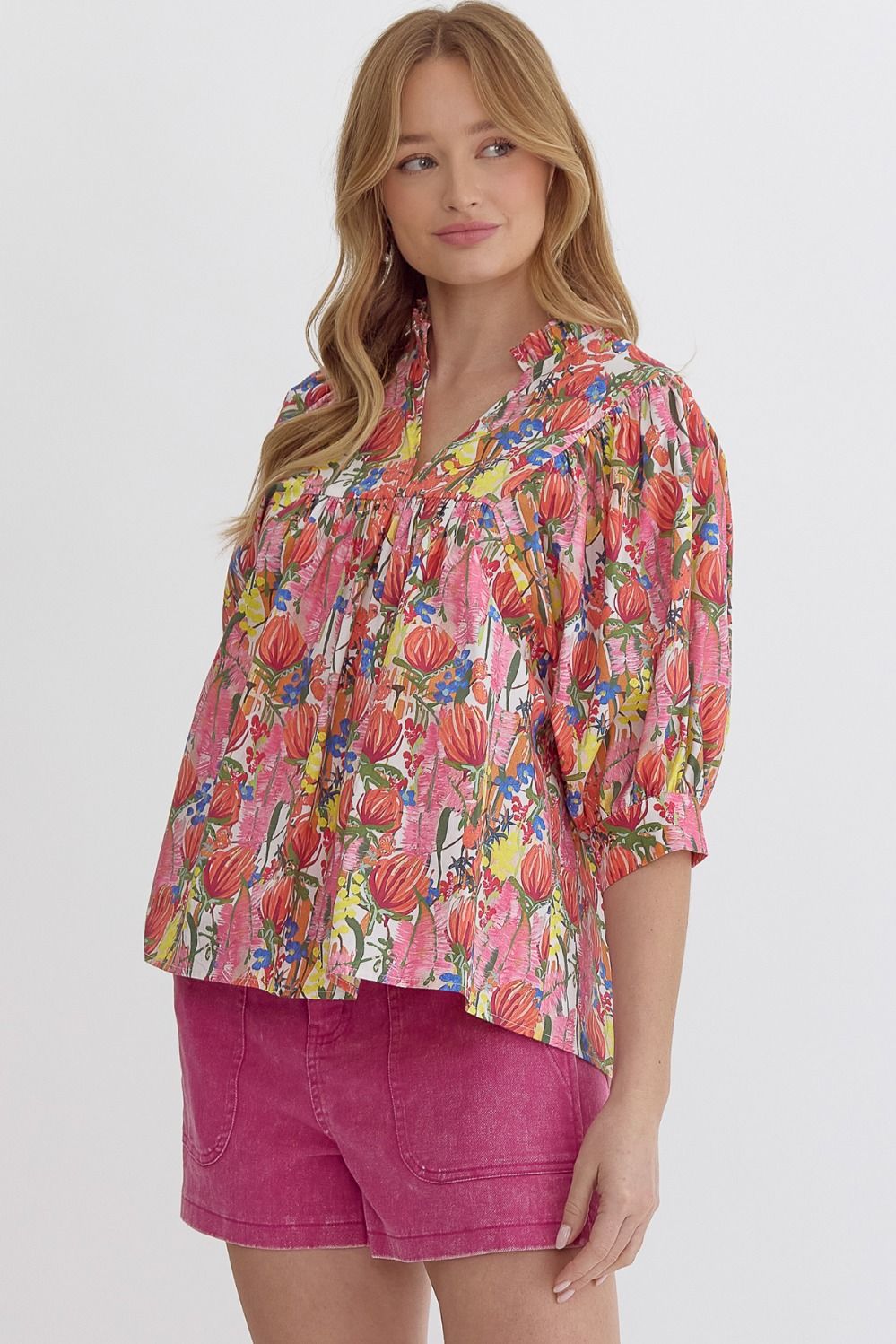 FLORAL PRINT V-NECK PUFF SLEEVE TOP