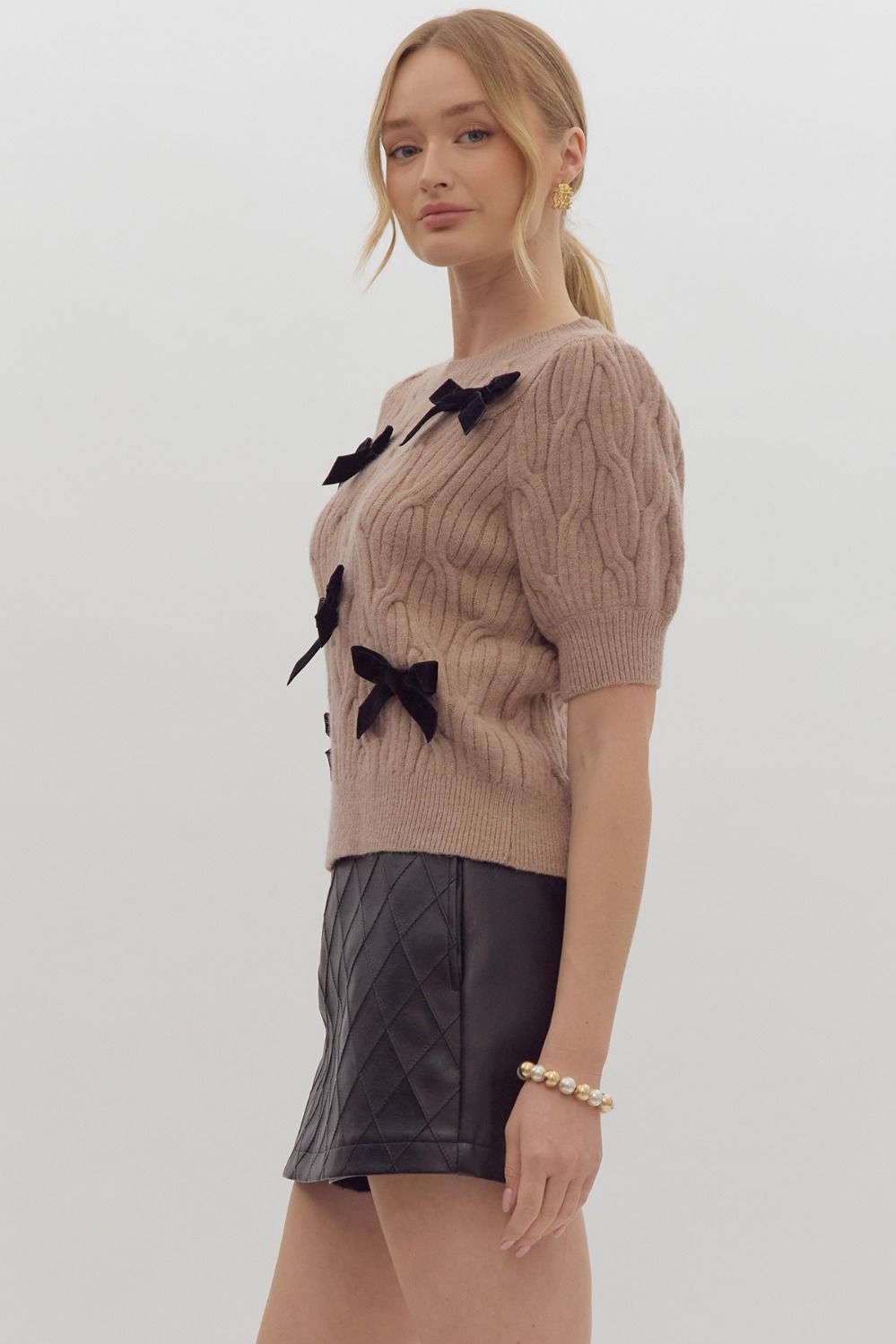 Lt Mocha Solid Cable Knit Short Sleeve Sweater with Bows