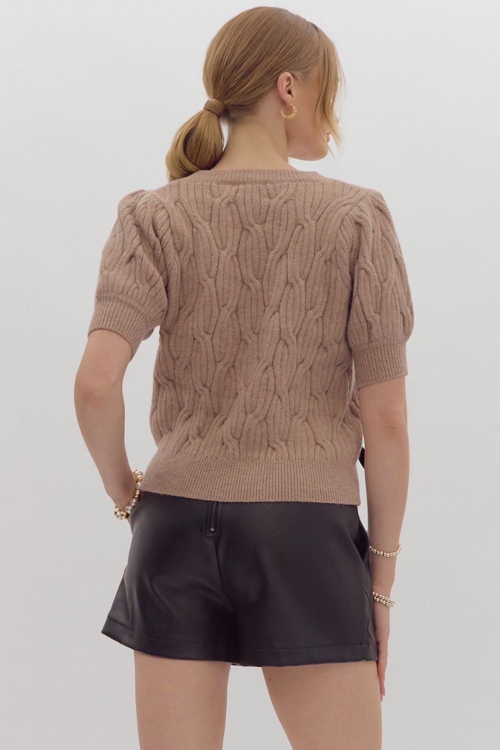 Lt Mocha Solid Cable Knit Short Sleeve Sweater with Bows