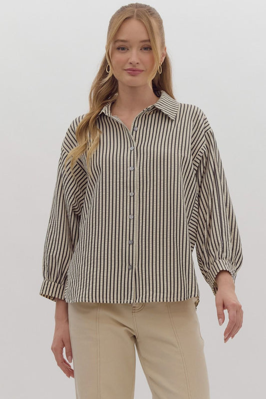 Stripe 3/4 Sleeve Button Down Collared Top