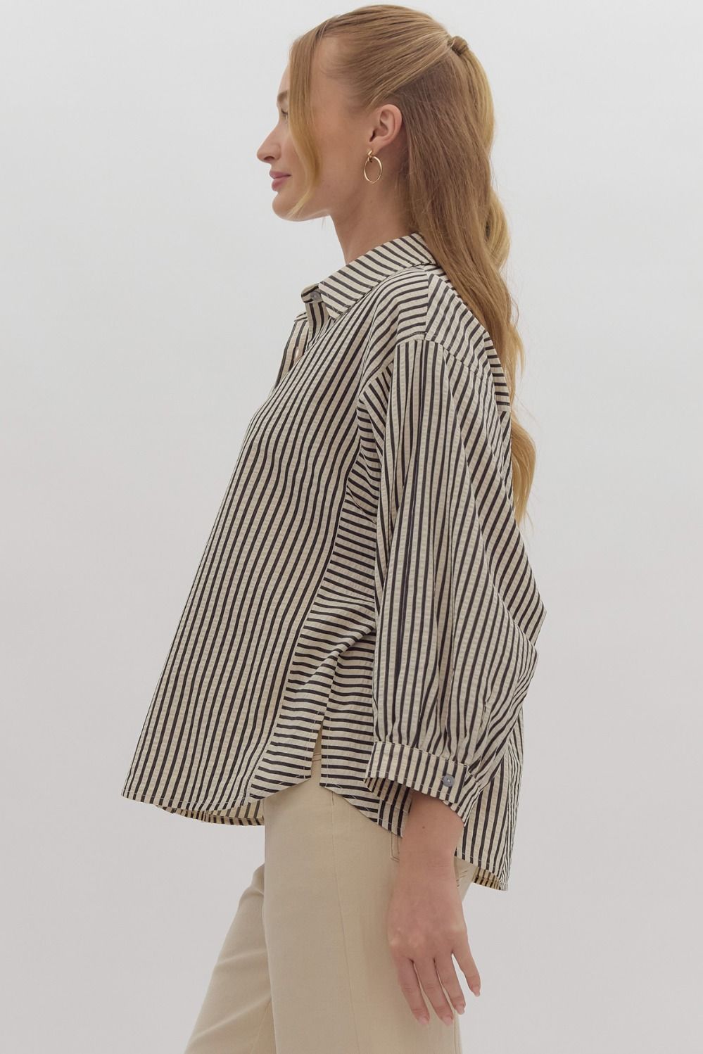 Stripe 3/4 Sleeve Button Down Collared Top