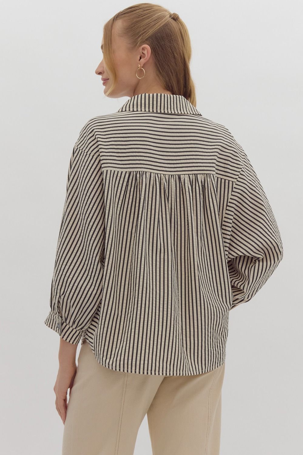 Stripe 3/4 Sleeve Button Down Collared Top