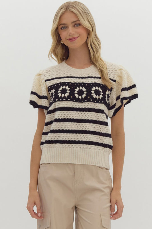 Cream Striped Short Sleeve Flutter Sleave Sweater