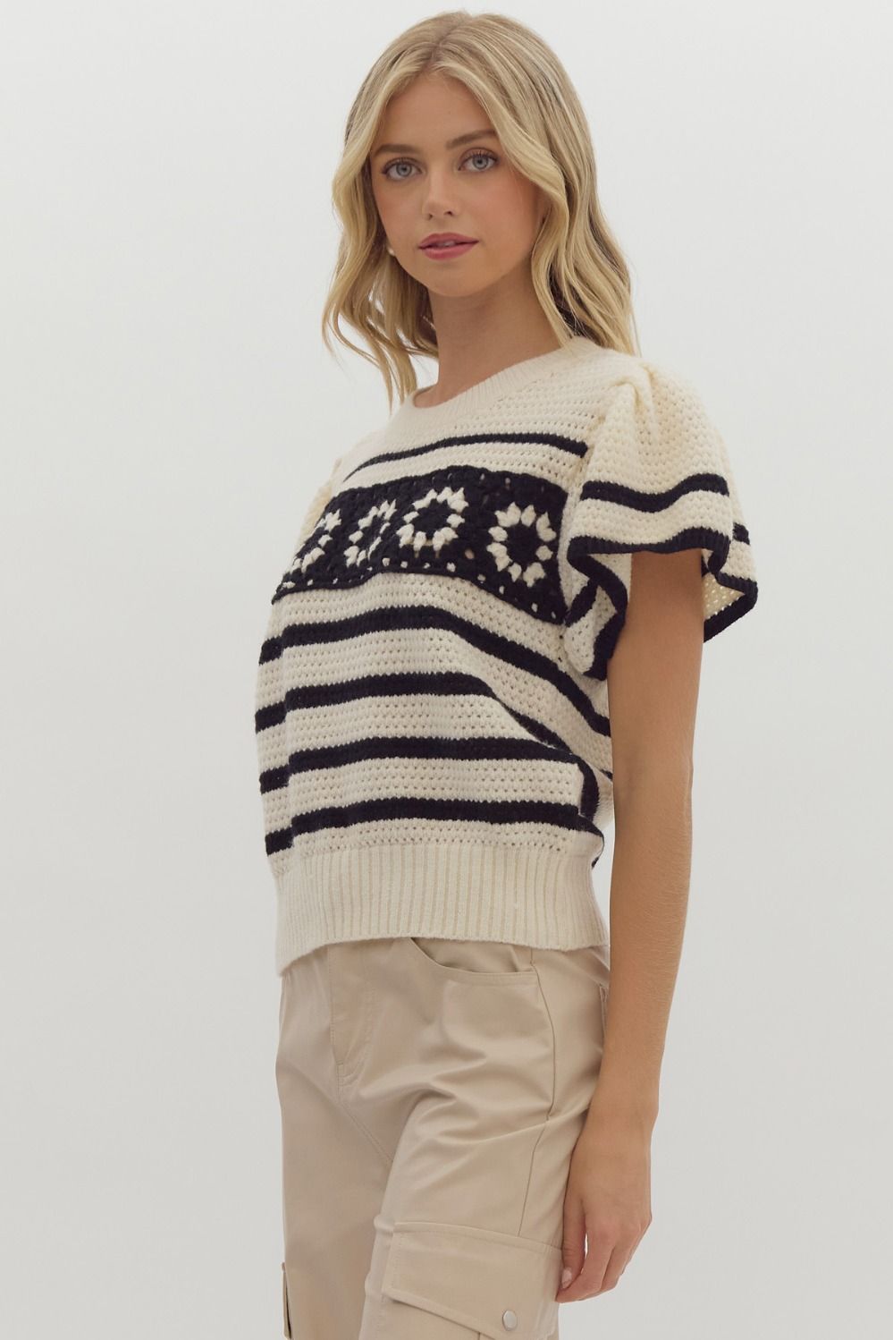 Cream Striped Short Sleeve Flutter Sleave Sweater