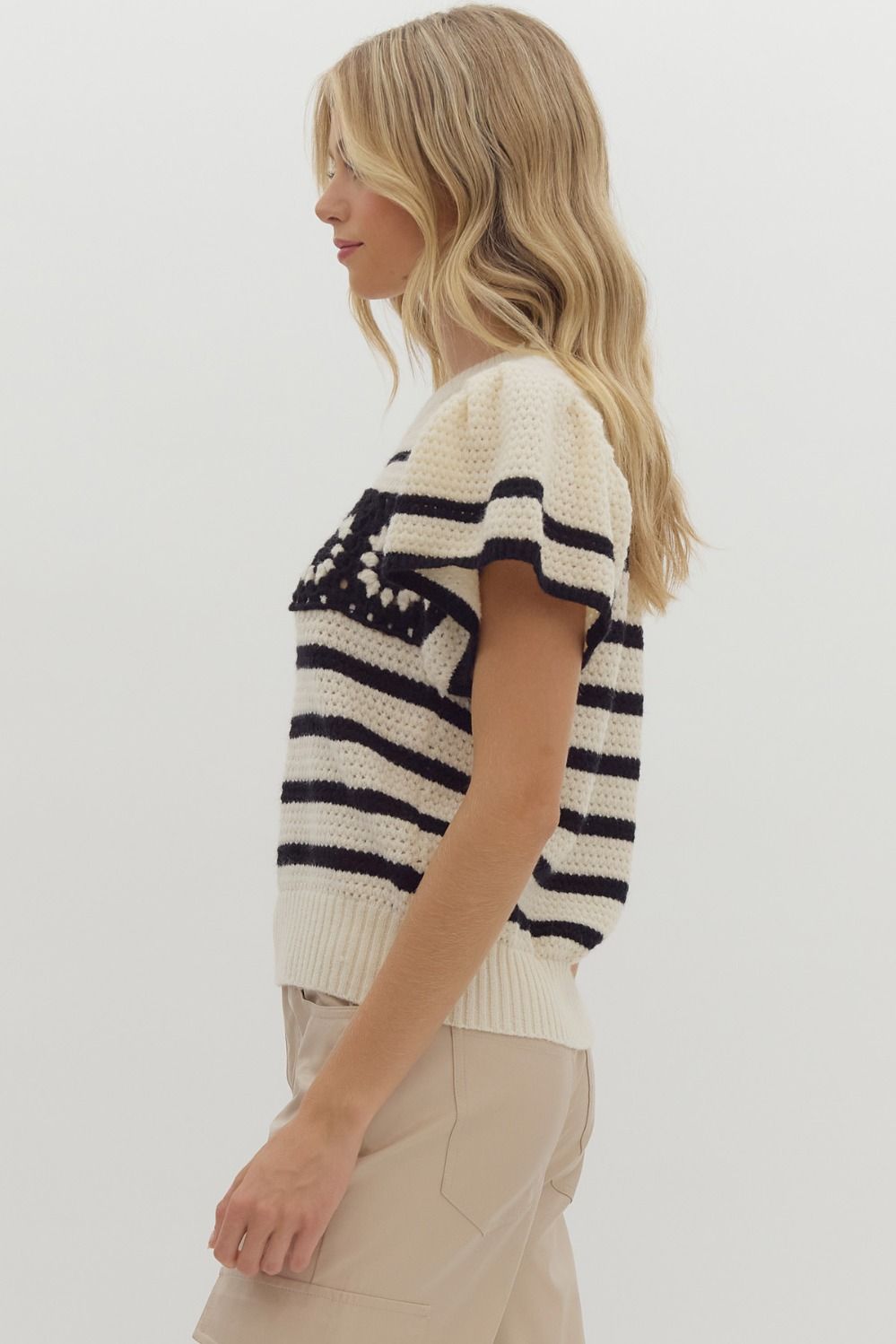 Cream Striped Short Sleeve Flutter Sleave Sweater