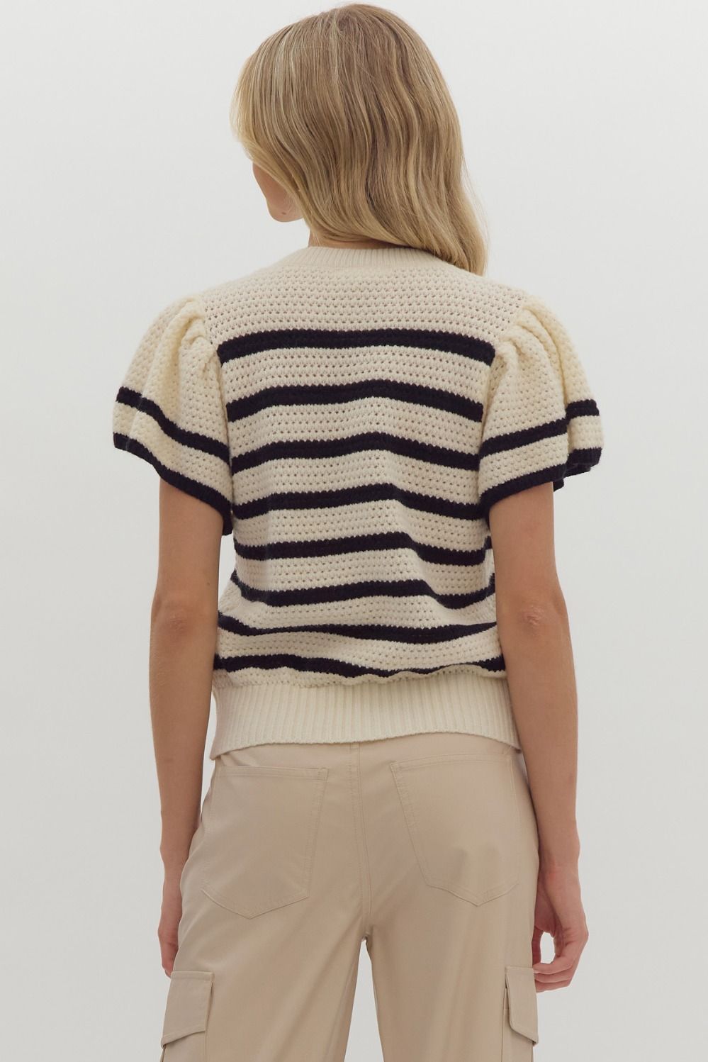 Cream Striped Short Sleeve Flutter Sleave Sweater