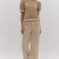 *Textured Floral Print Round Neck Puff Sleeve Top - Taupe