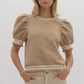 *Textured Floral Print Round Neck Puff Sleeve Top - Taupe