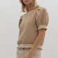 *Textured Floral Print Round Neck Puff Sleeve Top - Taupe