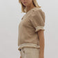 *Textured Floral Print Round Neck Puff Sleeve Top - Taupe