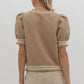 *Textured Floral Print Round Neck Puff Sleeve Top - Taupe