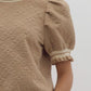 *Textured Floral Print Round Neck Puff Sleeve Top - Taupe