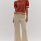 *Textured Floral Print Round Neck Puff Sleeve Top - Rust