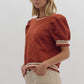 *Textured Floral Print Round Neck Puff Sleeve Top - Rust