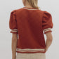 *Textured Floral Print Round Neck Puff Sleeve Top - Rust