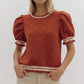 *Textured Floral Print Round Neck Puff Sleeve Top - Rust