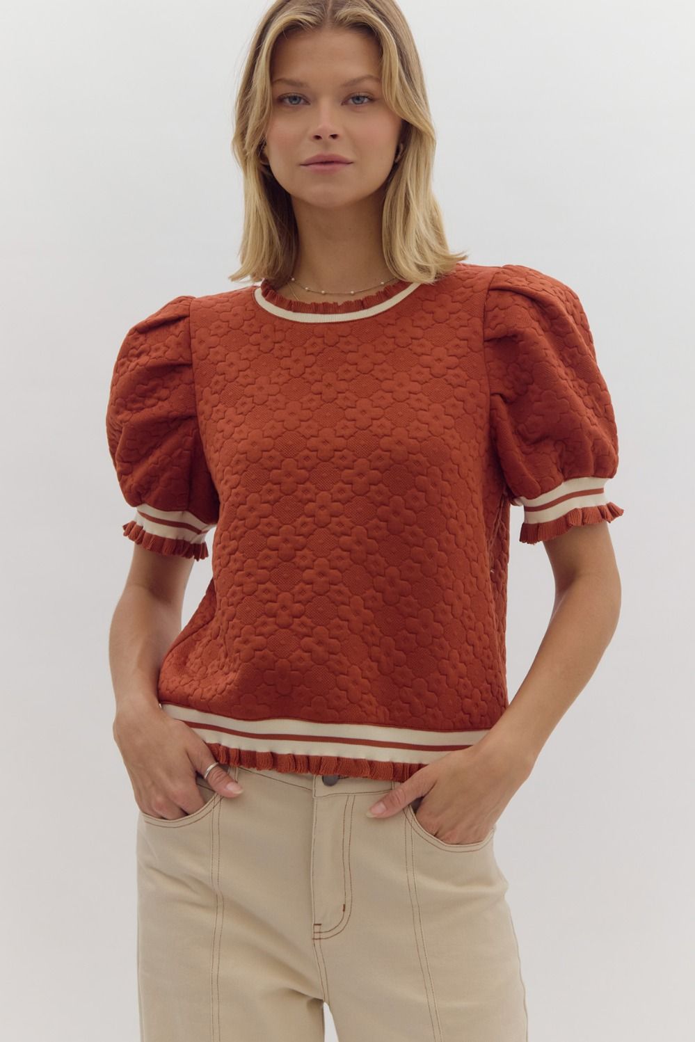 Textured Floral Print Round Neck Puff Sleeve Top - Rust