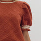 *Textured Floral Print Round Neck Puff Sleeve Top - Rust