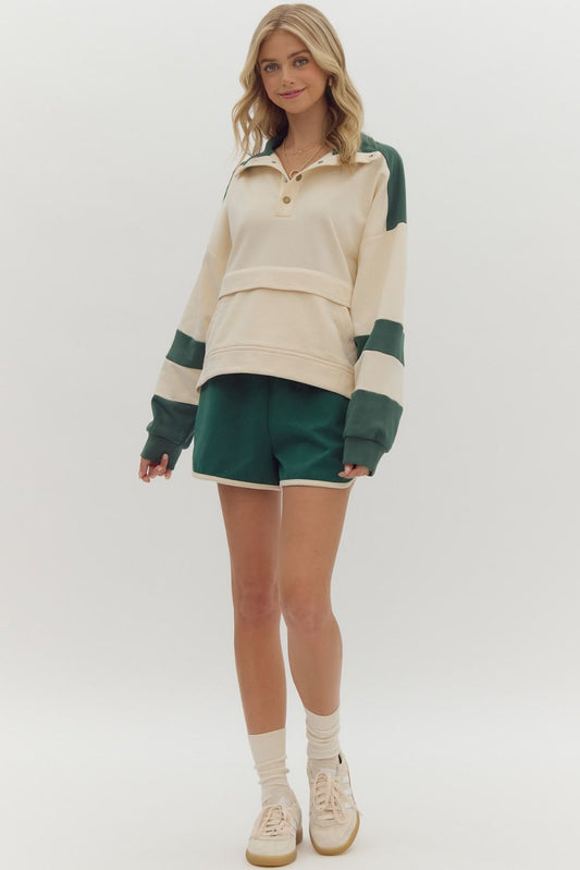 Lightweight Long Sleeve Hunter Green Top with Cream Trim and High waisted Short Set