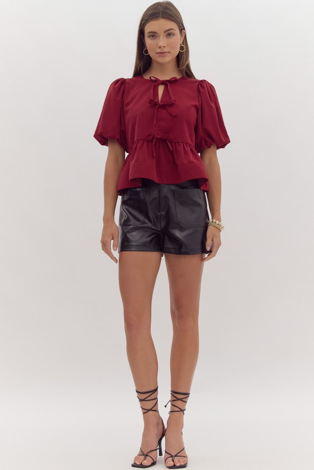 Burgandy Short Puff Sleeve Peplum Top