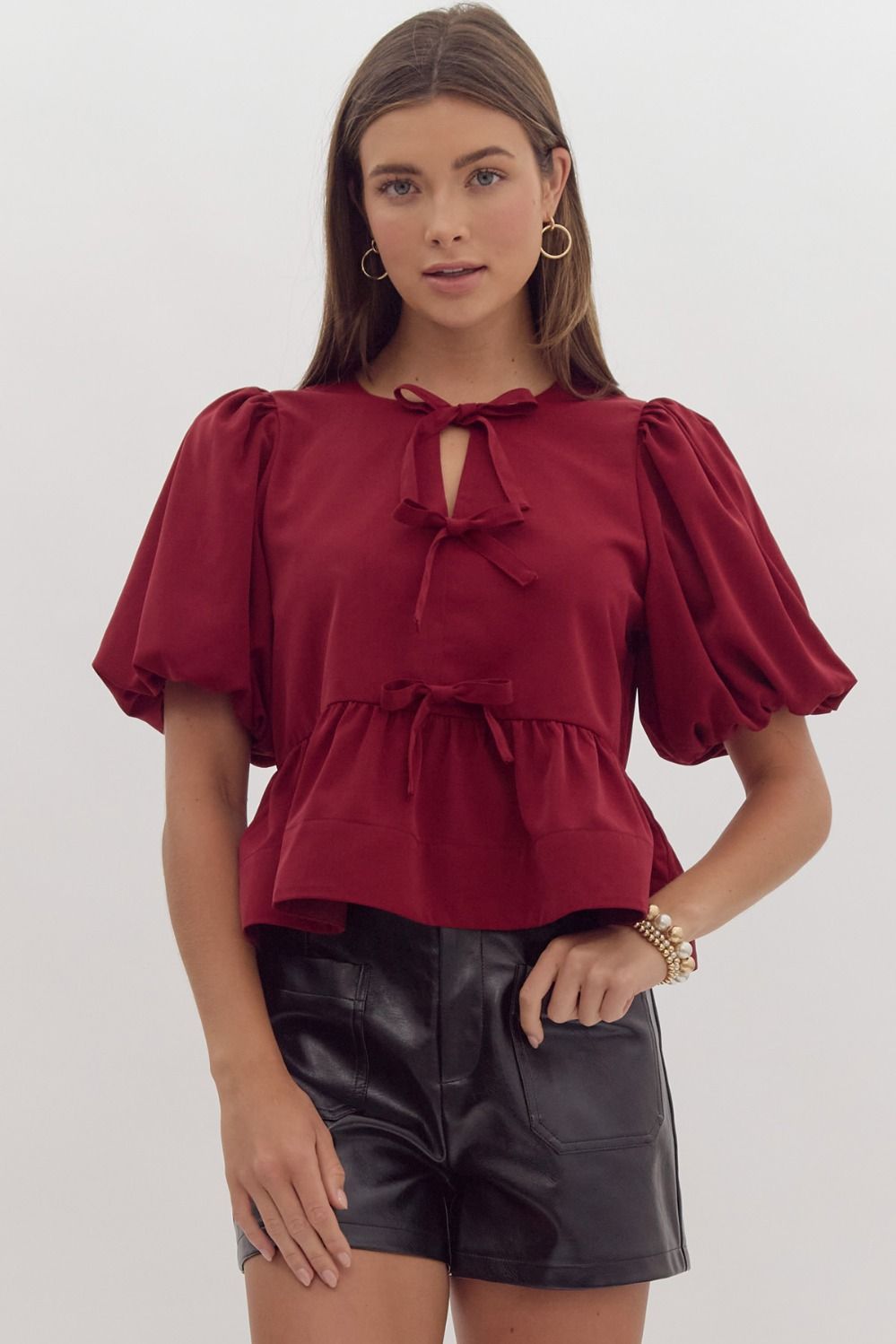 Burgandy Short Puff Sleeve Peplum Top