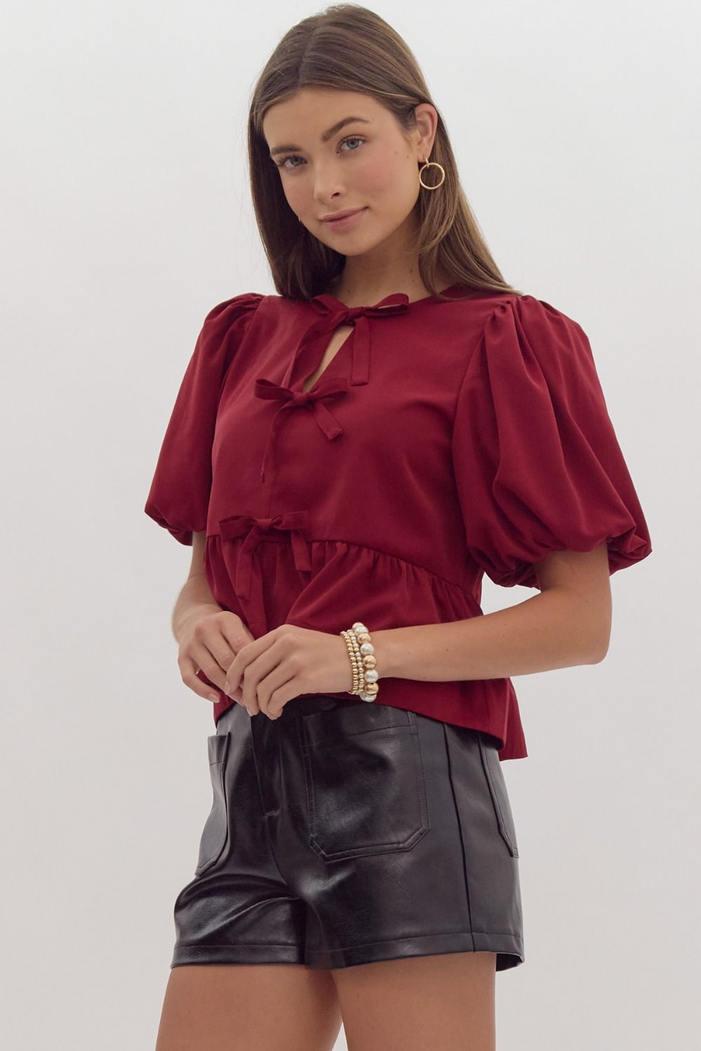 Burgandy Short Puff Sleeve Peplum Top